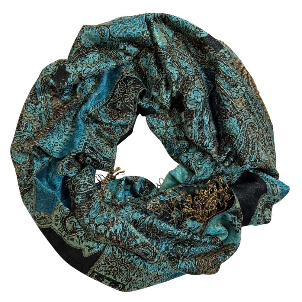 Festival Rave Teal Gold Paisley Pashmina Scarf Large Reversible Jacquard Shawl